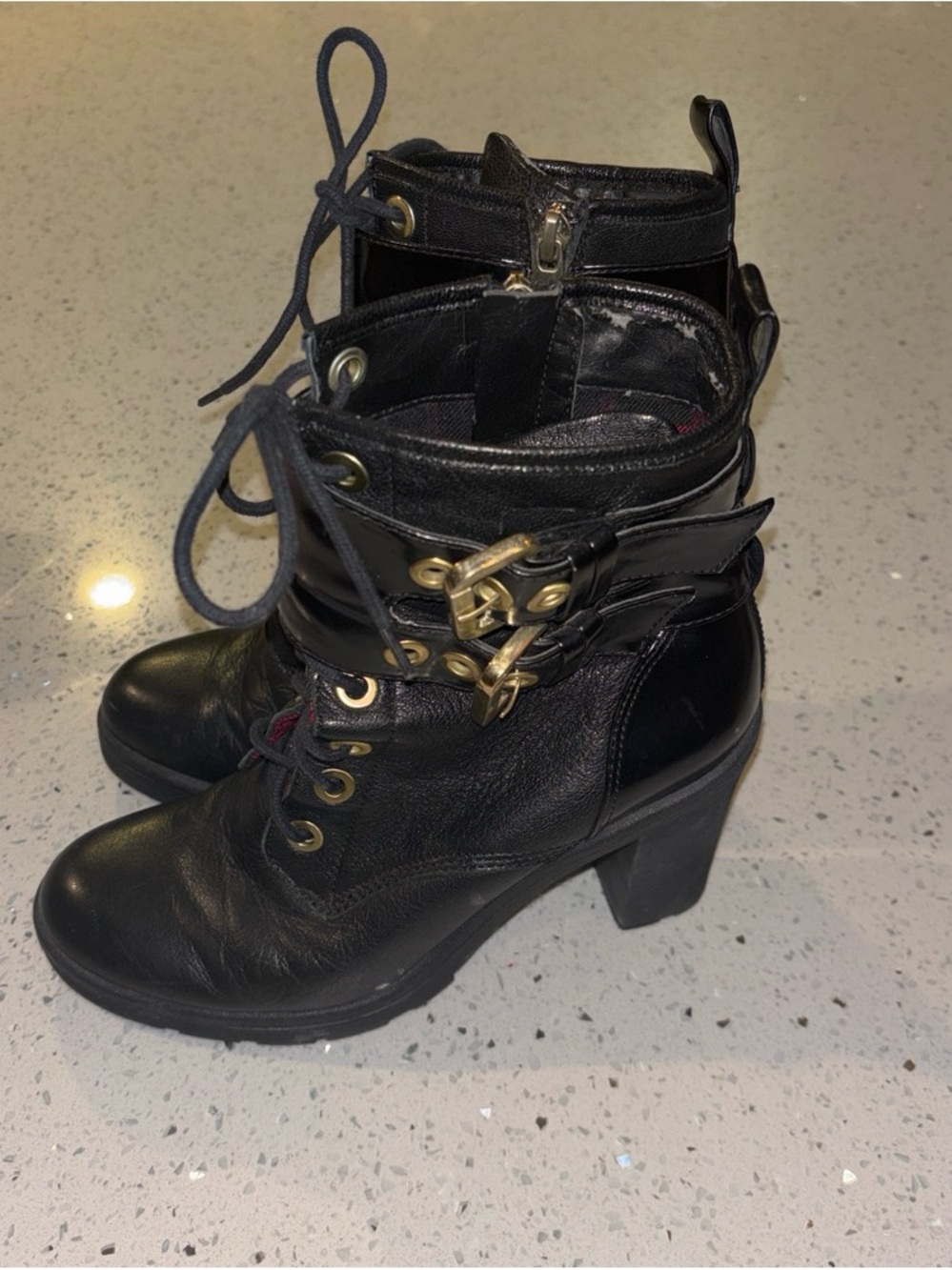 GUESS Black Heeled Combat Boots with Gold Buckles 🖤